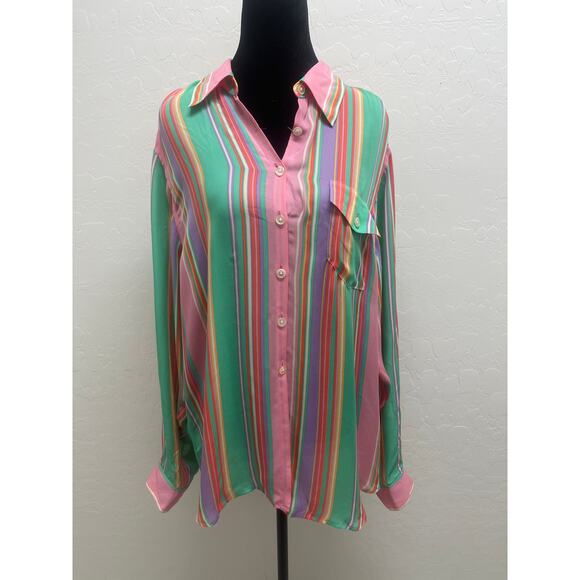 Lauren Ralph Lauren Silk Striped Multicolored Collared Shirt Top Blouse Retro - Picture 1 of 5
